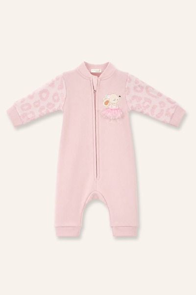 Mininio Kız Bebek Tavşan Nakışlı Kolları Garnili Tulum - Pembe