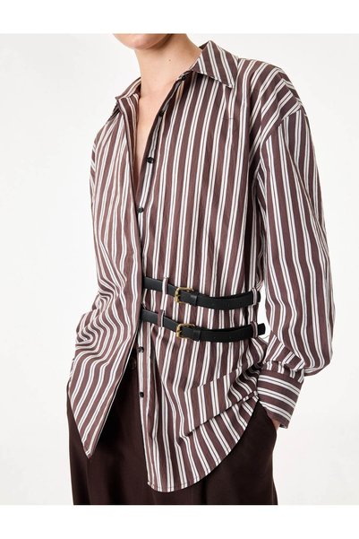 Koton Belted Cotton Long Sleeve Classic Collar Buttoned Striped Shirt