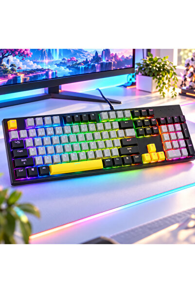 MINO TECH Kablolu Mekanik Gaming Klavye RGB Aydınlatmalı Blue Switch Tam Boy ...