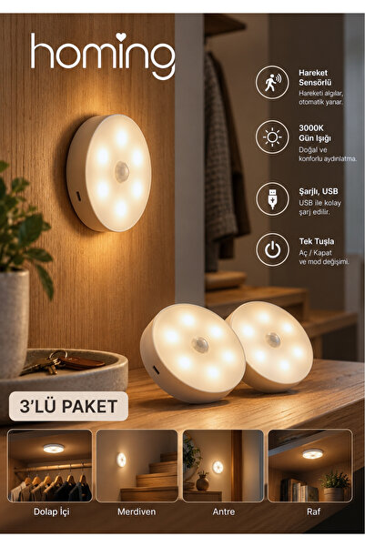 HOMİNG 3 ADET Hareket Sensörlü Işık Mıknatıslı Dolap İçi Led Spot