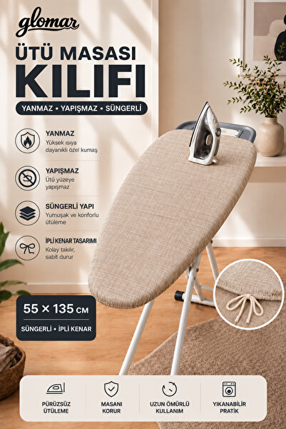 Pratik Lüx Bej Ütü Masası Kılıfı Bezi Örtüsü Yanmaz Yapışmaz İp Bağlamalı Süngerli Kaymaz 55 x 135