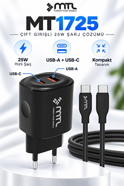 MTL 25W PD + USB Çift Çıkışlı Adaptör ve Type-C Kablo Hızlı Şarj Seti MT1725