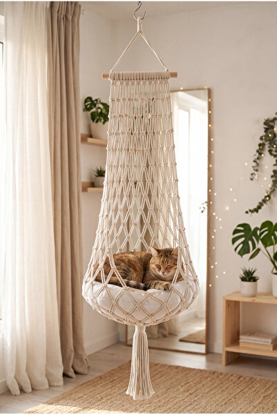 My Royal Macromes Makrome Kedi ve Küçük Irk Köpek Hamağı 150 cm El Yapımı Evc...