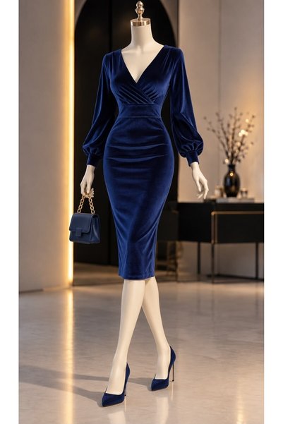 Modafeminen Rochie din catifea cu mâneci lungi, la două rânduri de nasturi 58...
