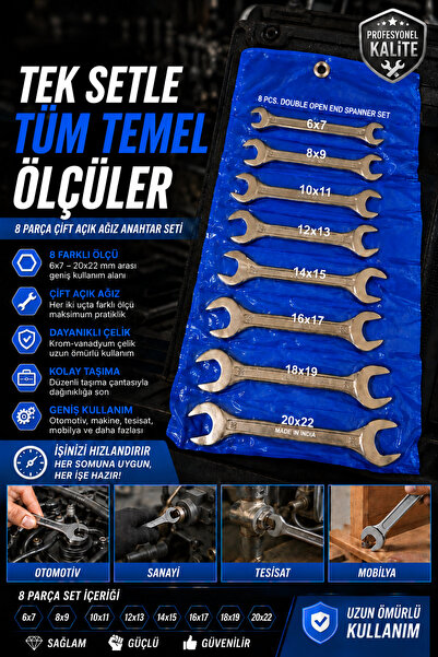 HKNOVA 8 Parça Açık Ağız Çift Taraflı Anahtar Seti C Anahtar Tamir Takımı Van...