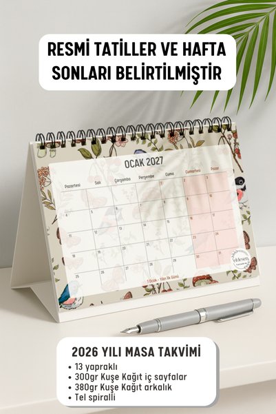 Eldesen Tasarım 2027 Masa Takvimi Spiralli A5 (21X16CM) Büyük Boy / Resmi Tatiller Ve Hafta Sonları / 12 Aylık