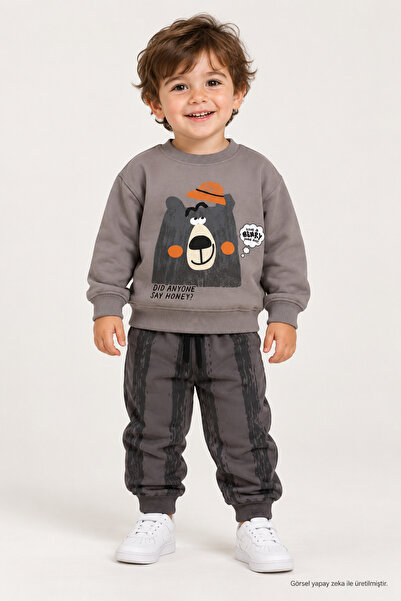 Zekalya Boy's Teddy Bear Printed Two-Thread Brushed Sweatshirt Jogger Top and...