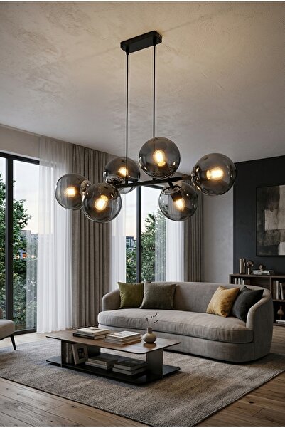 avimonaydınlatma CROSS 6'LI KROM - SİYAH FÜME GLOB CAMLI MODERN SARKIT AVİZE ...