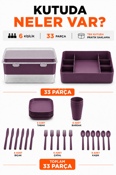 Zeyn Gross 6 Kişilik 33 Parça Piknik Seti Saklama Kutulu BPA Free Kamp ve Sey...