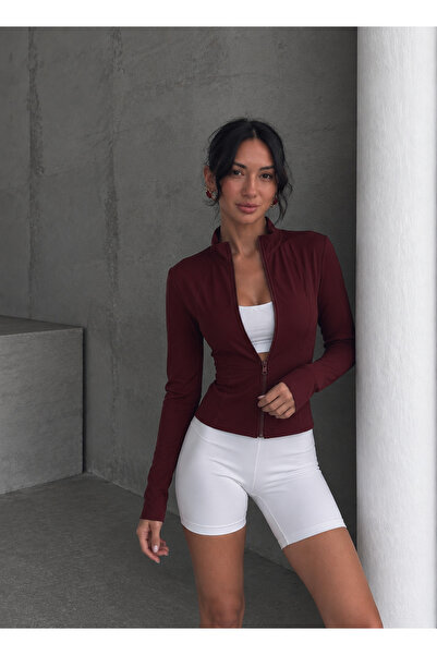 Miss Prova Burgundy Body-Fitting Zippered High-Neck Knitted Sports Jacket Mıs...