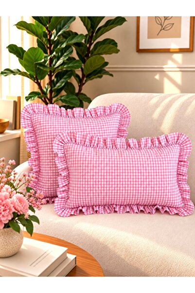 Decamor home Iris Cotton Linen Pink Mini Gingham Ruffled Throw Pillow Cover 1 Pc