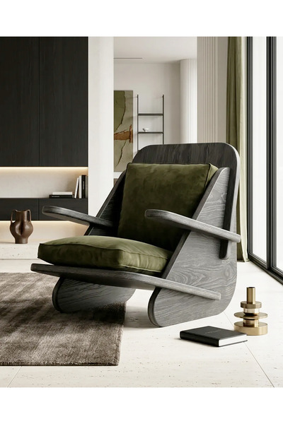 PRAKTURA STYLISH Berjer Tekli Ahşap Siyah Berjer Yeşil Keten Kumaş