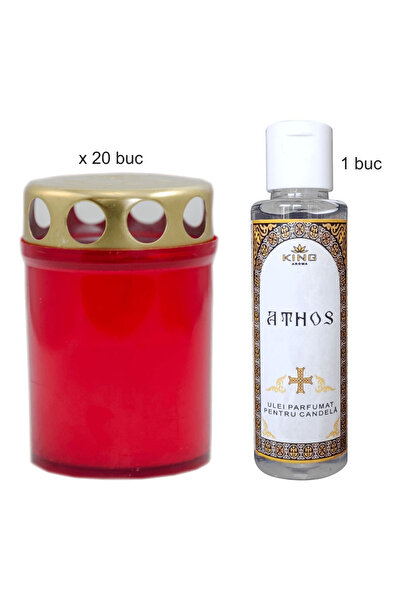 KingAroma Set 20 buc Candele cu capac, Tip 1-100 rosu, 20ore si Ulei parfumat pt candela Athos 50 ml