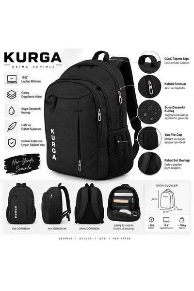 kurga Escape 15.6” Sırt Çantası – Suya Dayanıklı, Çok Bölmeli, Günlük ve Okul...