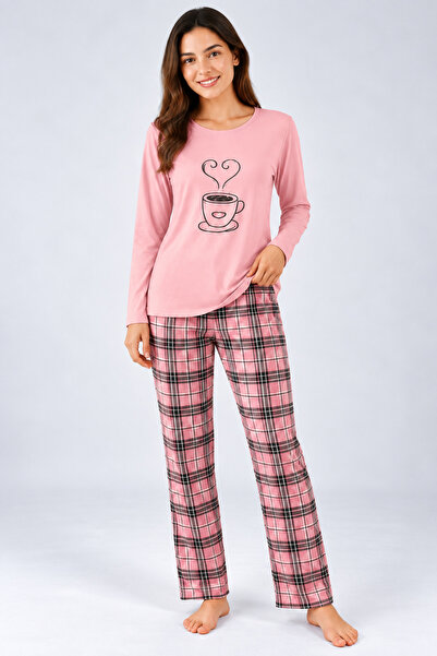 Serena Pijama de dama roz cu maneca lunga si pantaloni lungi roz cu carouri