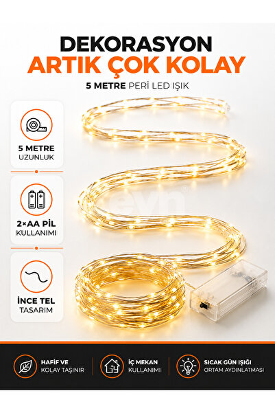 5 Metre Pilli Peri LED Işık Gün Işığı Dekoratif Tel Aydınlatma 2×AA Kalem Pil ile Çalışan Oda Süsü