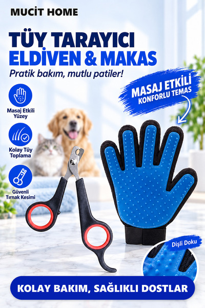 mucit home Kedi Köpek Tüy Tarama Fırça Eldiven Kedi Köpek Tırnak Makası 2 Li Set