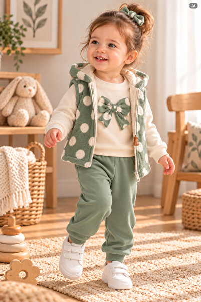 NOTA KİDS Girl's Hooded Plush Vest, Patterned Sweatshirt and Sweatpants 3-Pie...