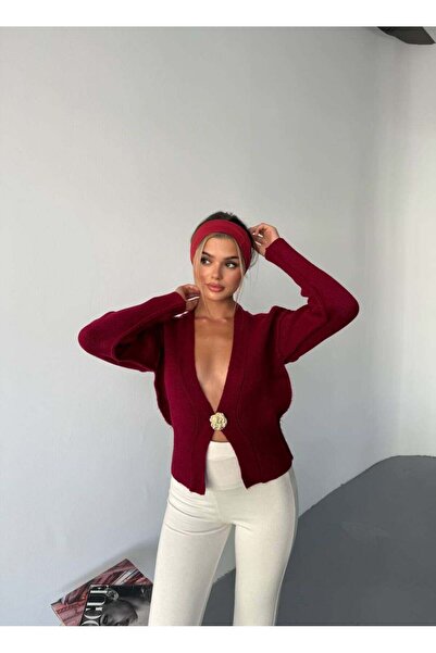 KECHİ WOMAN Single Button Knitwear Cardigan with Gold Accessories — Burgundy