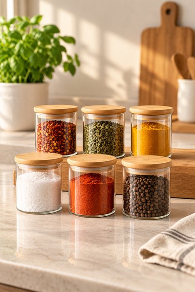 NOKKA 12-Piece Glass Spice Jar Set 300 ml with Bamboo Lids |   Borosilicate Modern Spice Jar