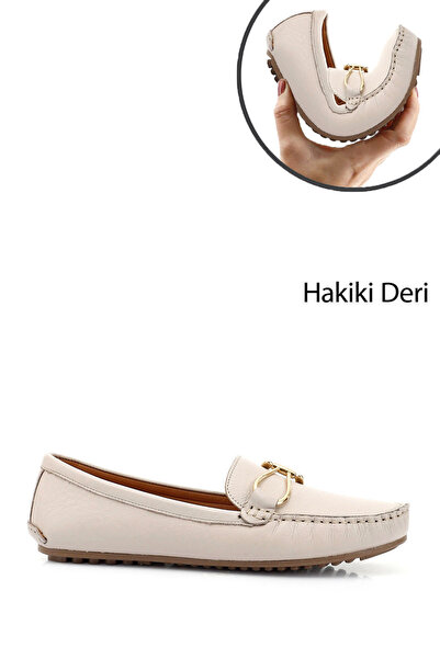 GÖNDERİ(R) Kadın Bej Tokalı Rok Hakiki Deri Comfort Loafer