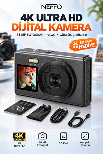 NEFFO 4K Dijital Retro Video Kamera 48MP Flaşlı Kart Dijital Vlog Fotoğraf Ma...