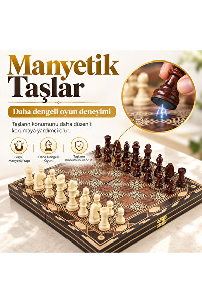 e-life shop Wooden magnetic chess set, 29 cm mosaic pattern, foldable with stone storage slots, luxury chess set