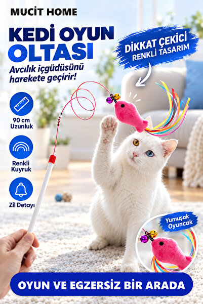 mucit home Balıklı Kedi Oyun Oltası Balıklı Kuyruklu Dikkat Çekici 90 Cm -Eğl...