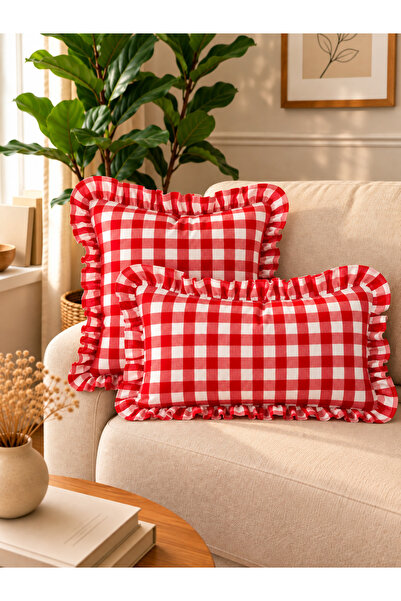 Decamor home Iris Linen Vintage Ruffled Red Large Gingham Throw Pillow Cover ...