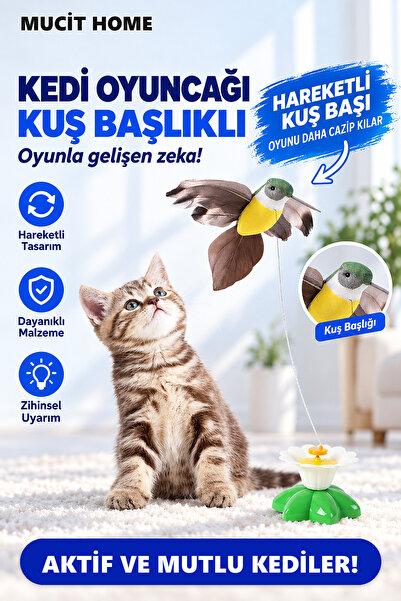 mucit home Kuş Başlıklı Dikkat Çekici Hareketli Dönen Pilli Kedi Oyuncağı