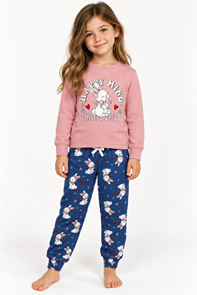 Zekalya Girls' Rabbit Printed Interlock Long Sleeve Pajama Set
