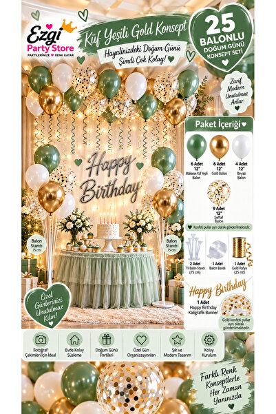 Ezgi Party Store 25 Balonlu Küf Yeşili Gold Beyaz Doğum Günü Konsept Seti 2 A...