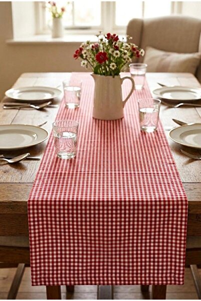 perlina home Masa Şıklığı Ekose Kırmızı Runner 45x140 Cm