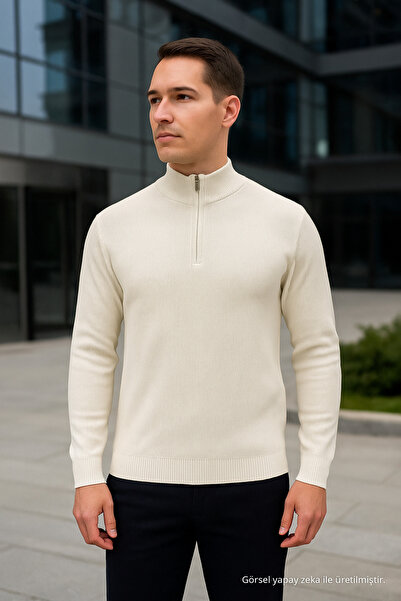 Maccali Erkek Boğazlı Fermuarlı Beyaz Sweatshirt Triko Kazak