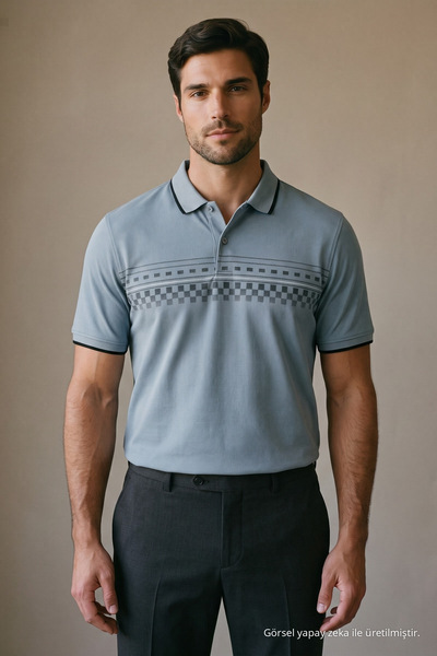 Maccali Men's Short Sleeve Patterned Blue Polo Neck T-Shirt