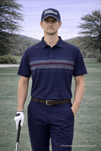 Maccali Men's Patterned Relax Fit Navy Blue Polo Neck T-Shirt