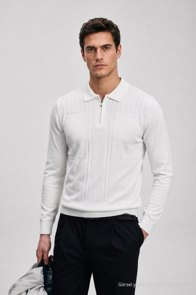 Maccali Men's Textured Polo Collar White Long Sleeve Knit Sweater