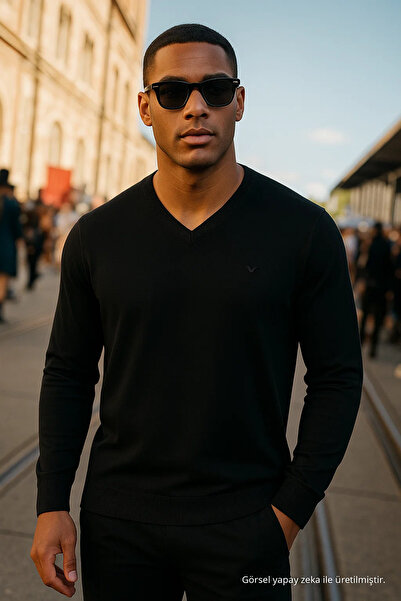 Maccali Men's Premium Comfort Casual Long Sleeve V-Neck Black Sweater