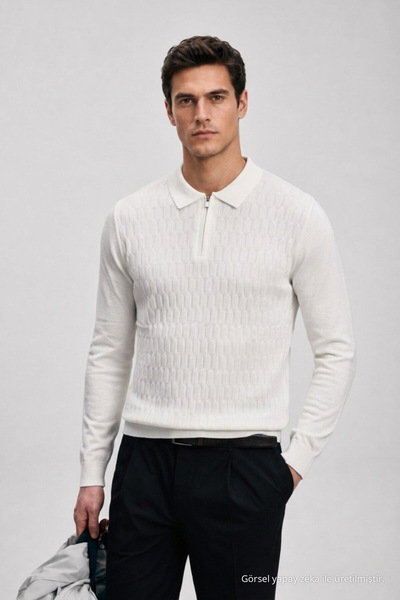 Maccali Men's Zipper Collar Textured White Long Sleeve Knit Sweater