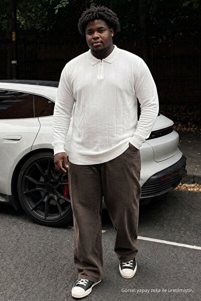 Maccali Men's Plus Size White Polo Collar Striped Sweatshirt