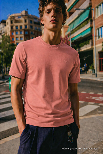 Maccali Men's 100% Cotton Basic Pink Short Sleeve T-Shirt