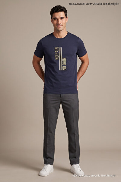 Maccali Ανδρικό μπλουζάκι Navy Blue με στάμπα No Pain No Gain, με λαιμόκοψη π...