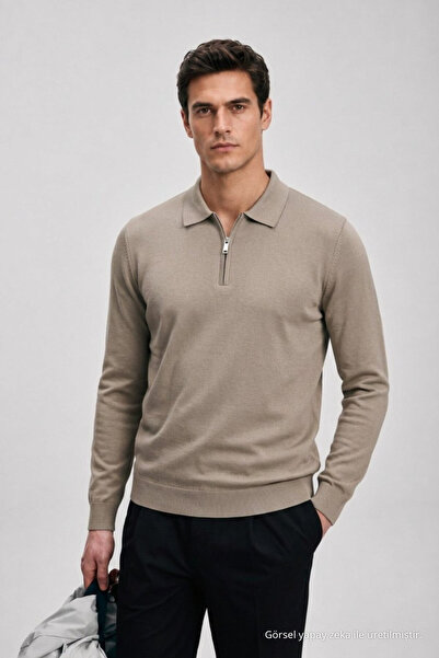 Maccali Men's Basic Polo Neck Beige Long Sleeve Knitwear T-Shirt