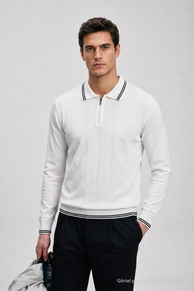 Maccali Men's Striped Zippered Polo Collar White Knit Sweater