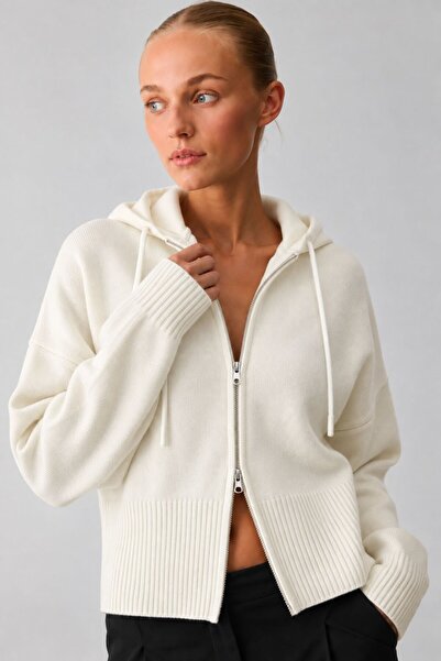 Madmext Ecru Hooded Double Zipper Women's Knitwear Cardigan Mg2893