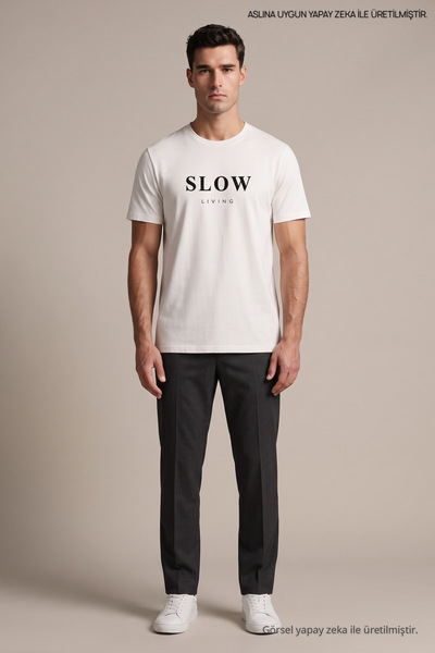 Maccali Λευκό ανδρικό μπλουζάκι με στάμπα Slow Living και φαρδιά γραμμή