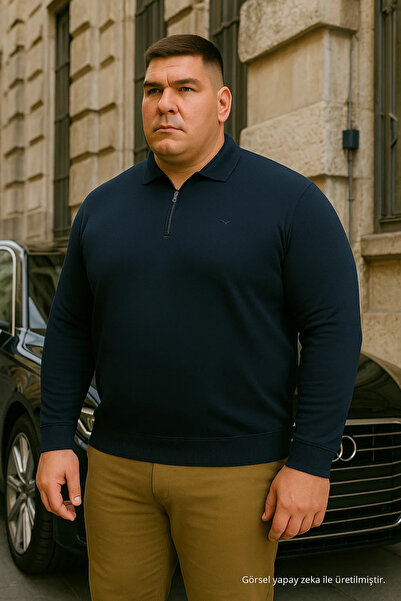 Maccali Erkek Basic Büyük Beden Lacivert Fermuarlı Sweatshirt