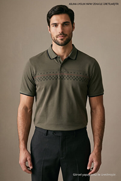Maccali Men's Short Sleeve Patterned Khaki Polo Neck T-Shirt