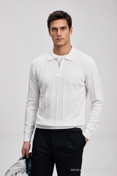 Maccali Men's White Polo Knit Sweater with Woven Detail and Zipper