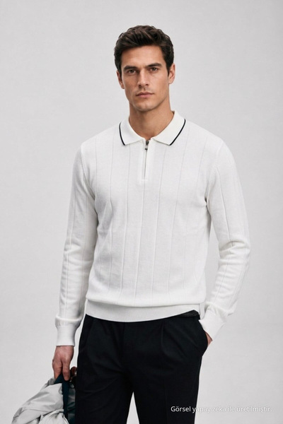Maccali Men's Casual Polo Collar Zippered White Striped Knit Sweater